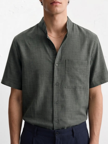 the-cannes-band-collar-shirt-slate-green-3-closeup
