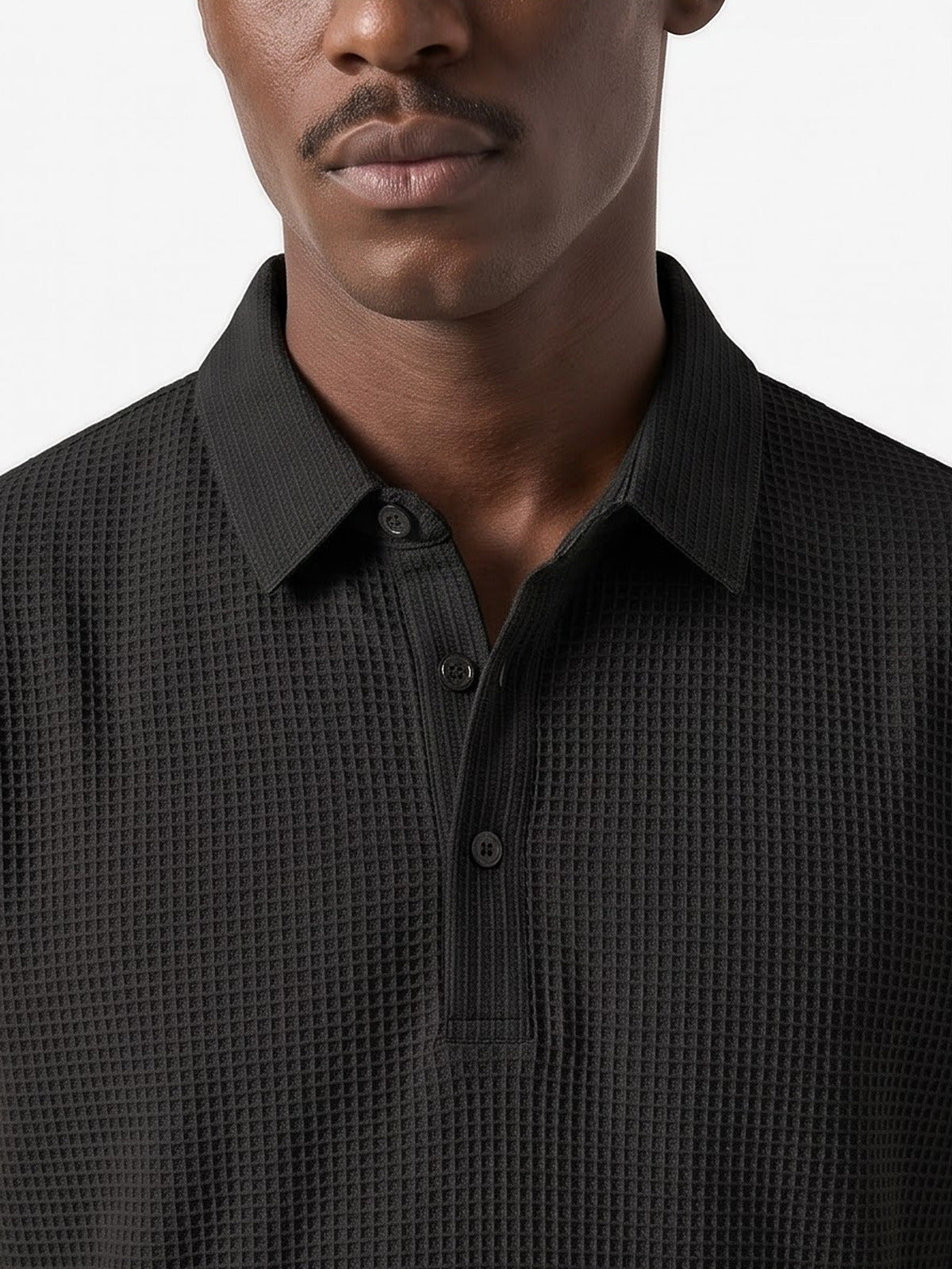 the-marbella-waffle-polo-black-3-closeup